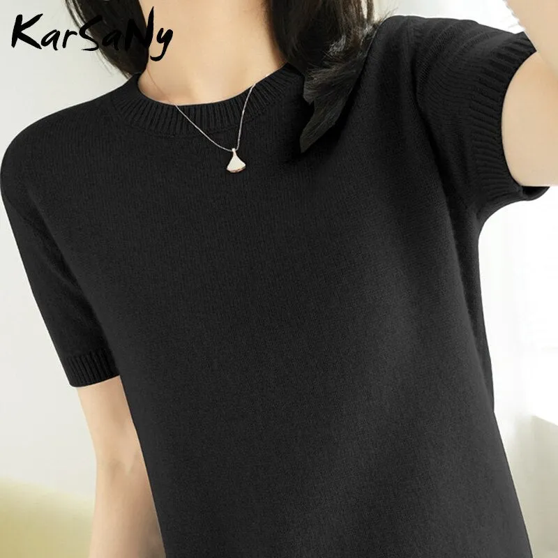 Back To School Women Knitted T Shirt 2022 Summer O Neck Short Sleeve T-Shirts For Women Tee Shirt Knitted Black Women's T-Shirt Vintage