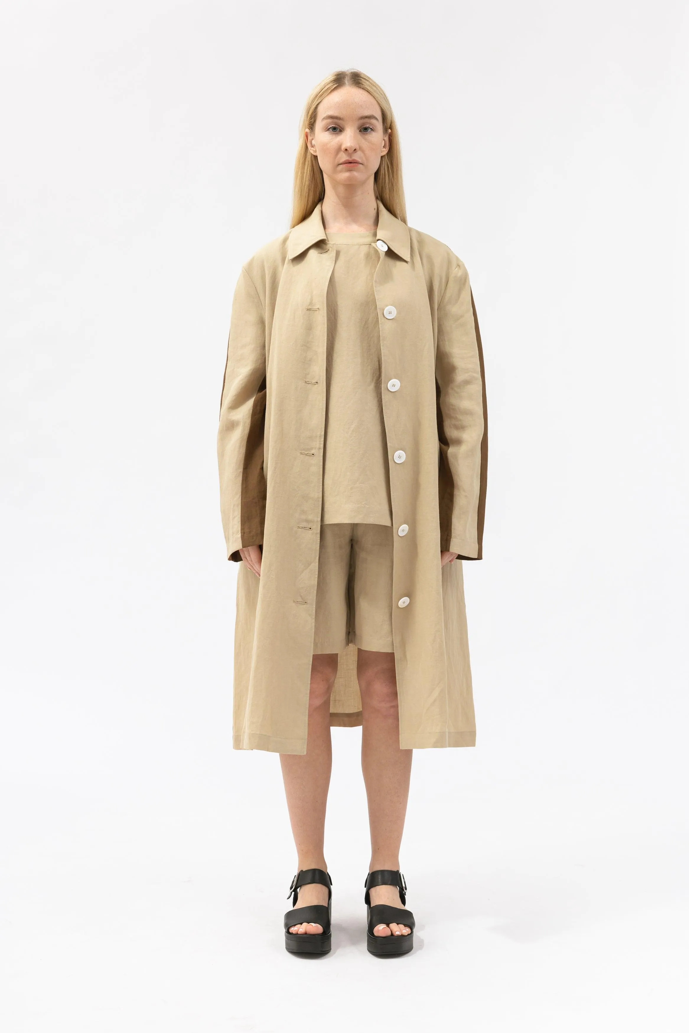 Bamboo Color Blocked Linen Long Shirt Jacket