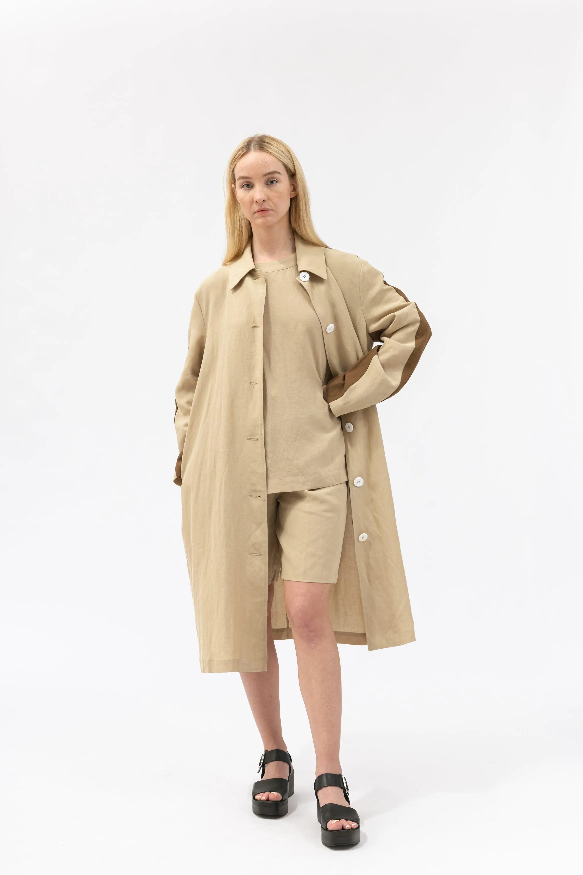 Bamboo Color Blocked Linen Long Shirt Jacket