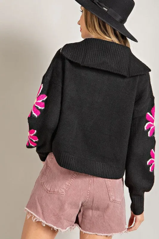 Black Quarter Zip Flower Detail Sweater