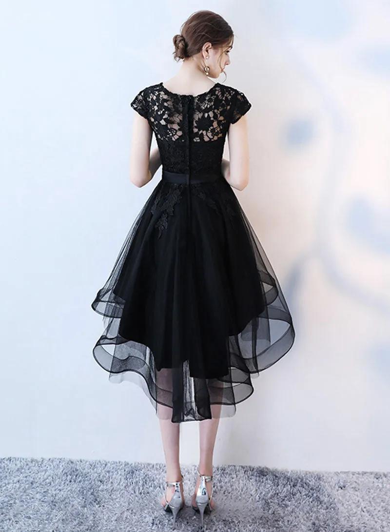 Black Tulle Lace Short Prom Dress, A-Line Black High Low Party Dress
