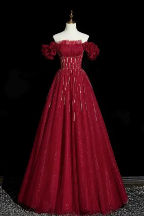 Burgundy Tulle Beads Long Prom Dress, Burgundy Backless Evening Party Dress