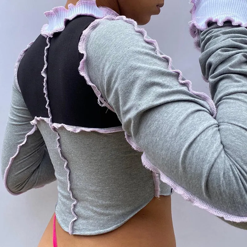 Chic Colorblock Crop Top Gothic Striped Turtleneck  Long Sleeve