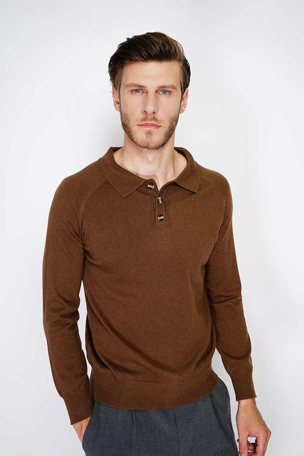 Classic polo collar sweater with long sleeves, 2-ply knitting
