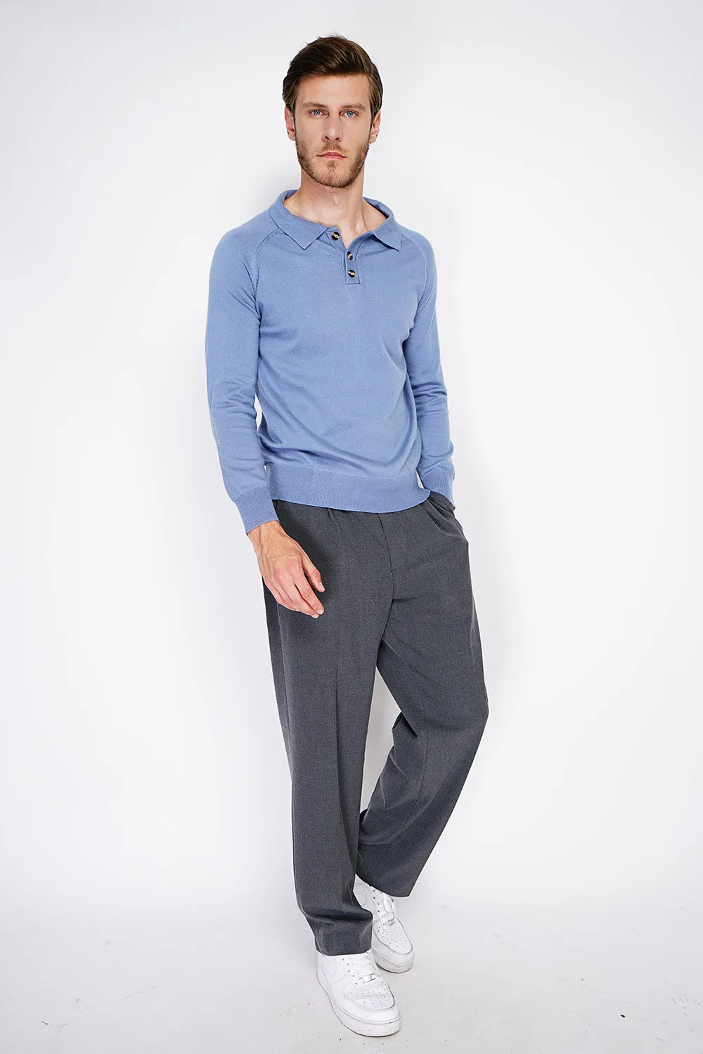 Classic polo collar sweater with long sleeves, 2-ply knitting