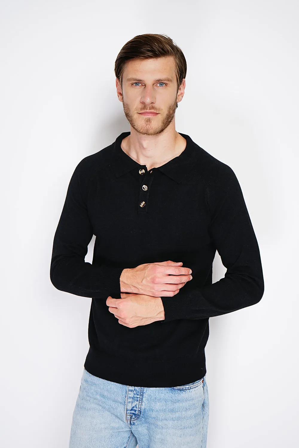 Classic polo collar sweater with long sleeves, 2-ply knitting