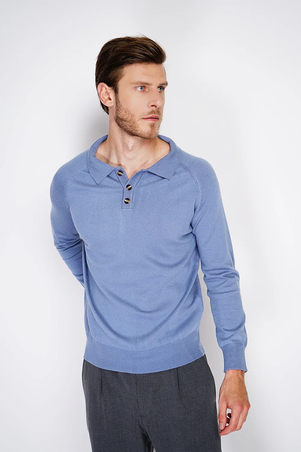 Classic polo collar sweater with long sleeves, 2-ply knitting