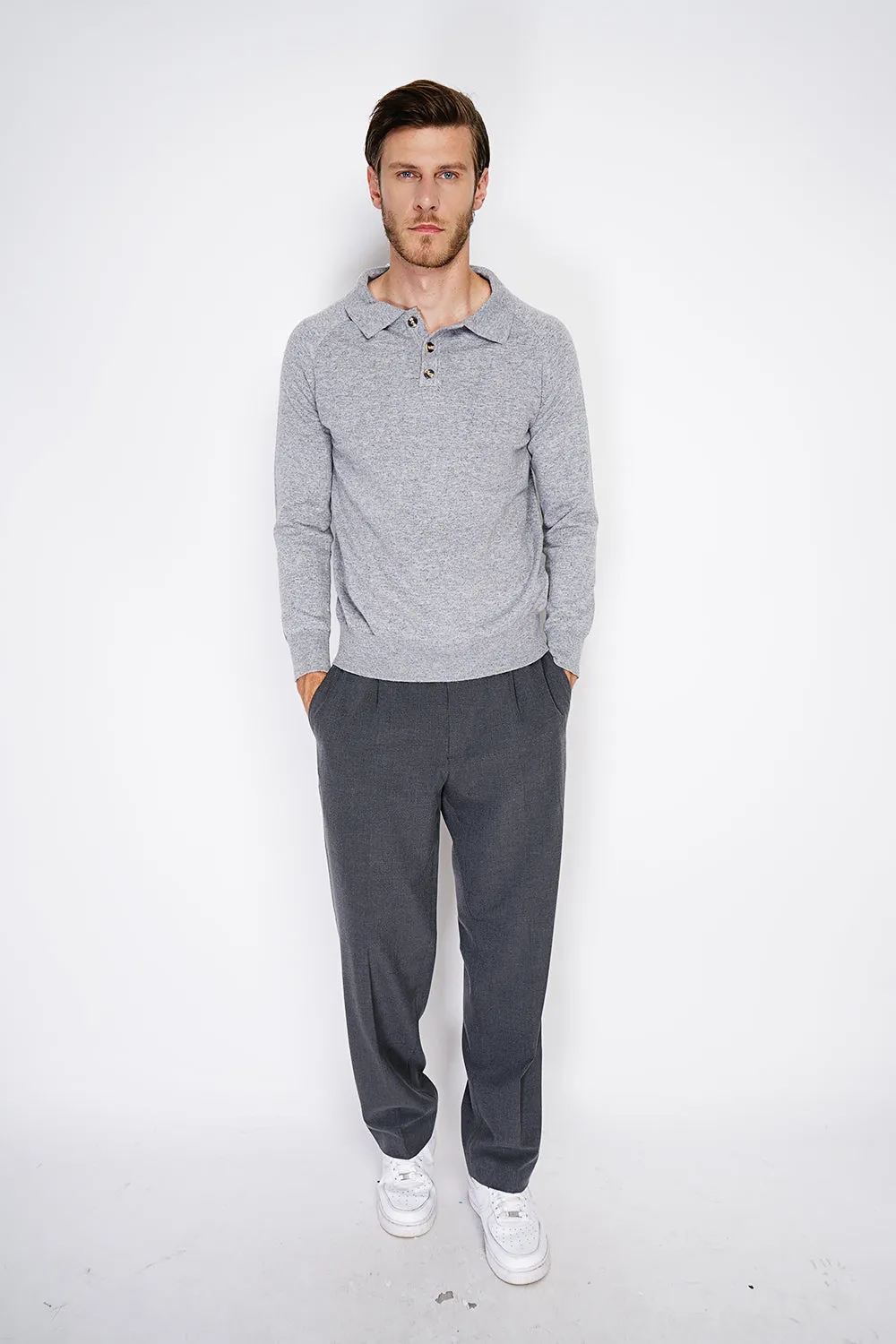 Classic polo collar sweater with long sleeves, 2-ply knitting