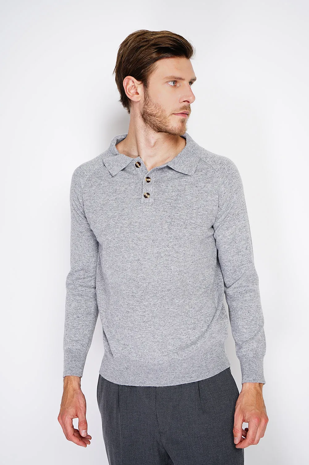 Classic polo collar sweater with long sleeves, 2-ply knitting
