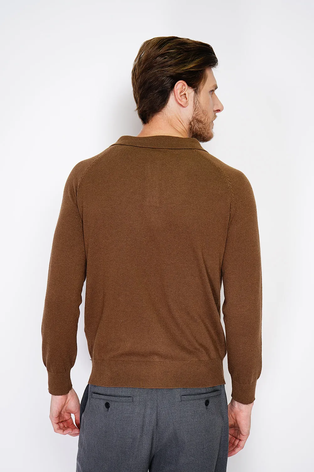 Classic polo collar sweater with long sleeves, 2-ply knitting