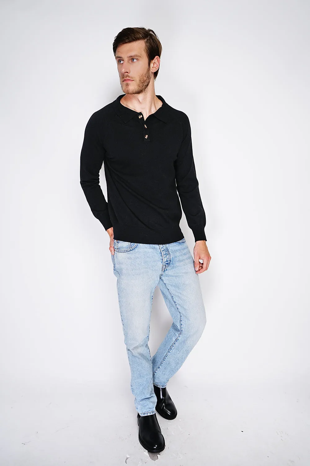 Classic polo collar sweater with long sleeves, 2-ply knitting