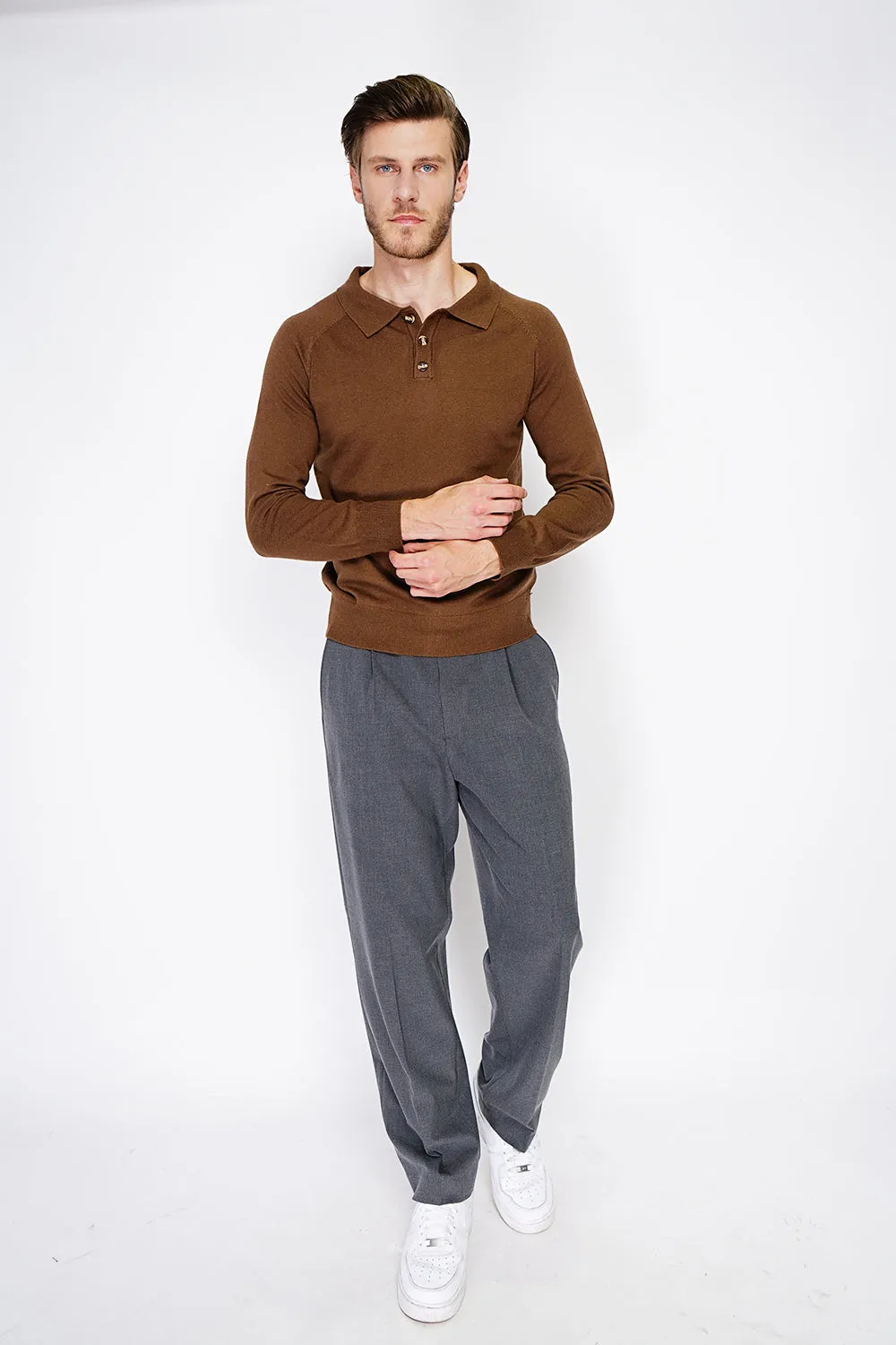 Classic polo collar sweater with long sleeves, 2-ply knitting