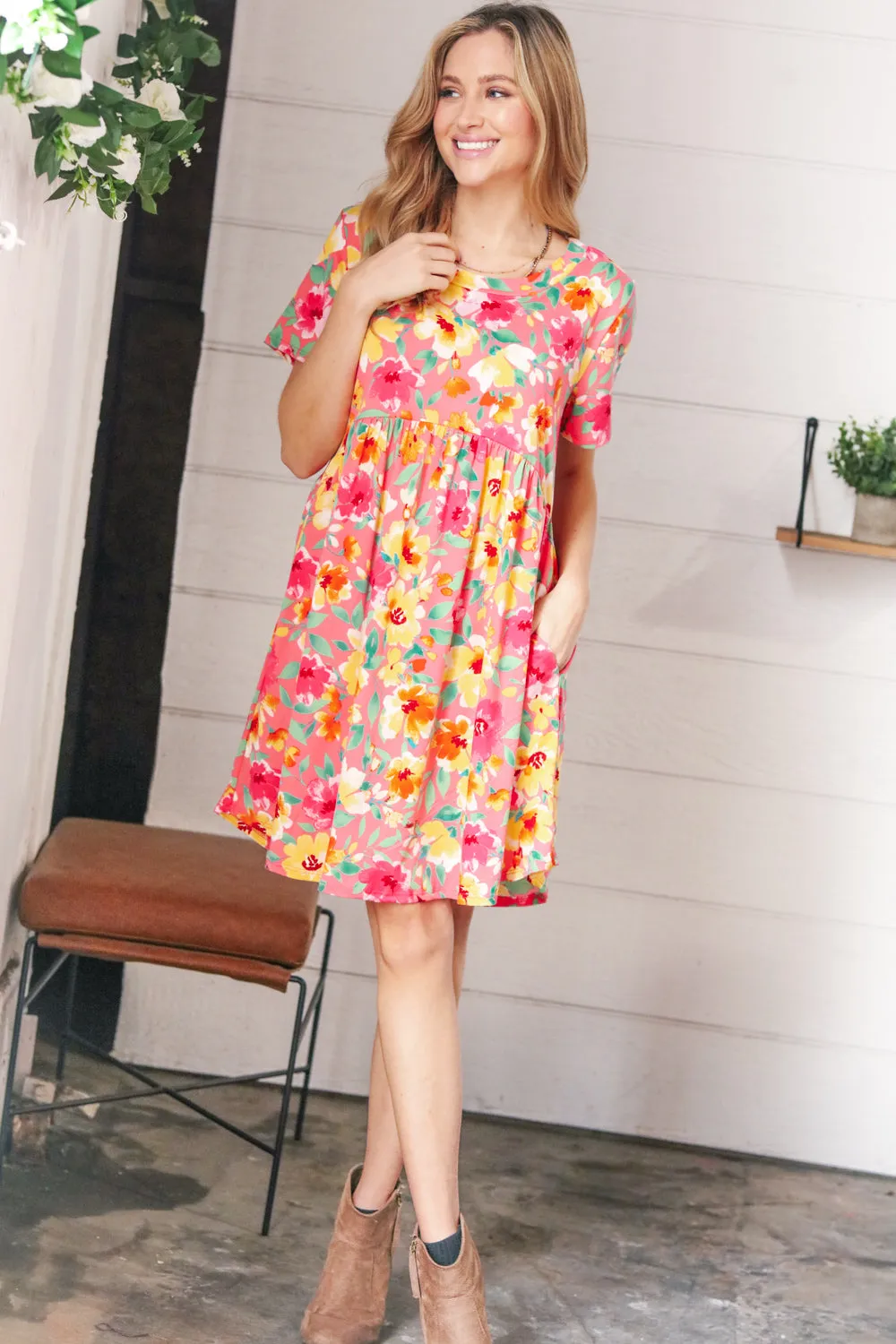 Coral Floral Babydoll Fit and Flare Dress