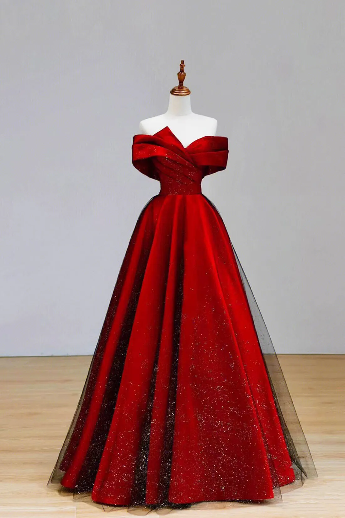 Elegant Satin and Black Tulle Long Prom Dress, A-Line Off the Shoulder Party Dress