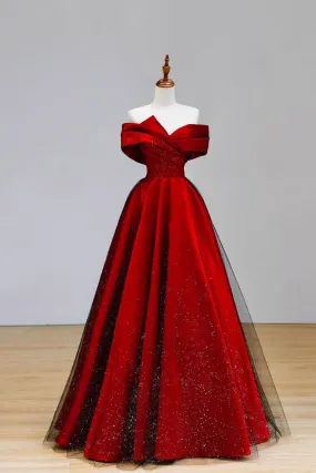 Elegant Satin and Black Tulle Long Prom Dress, A-Line Off the Shoulder Party Dress