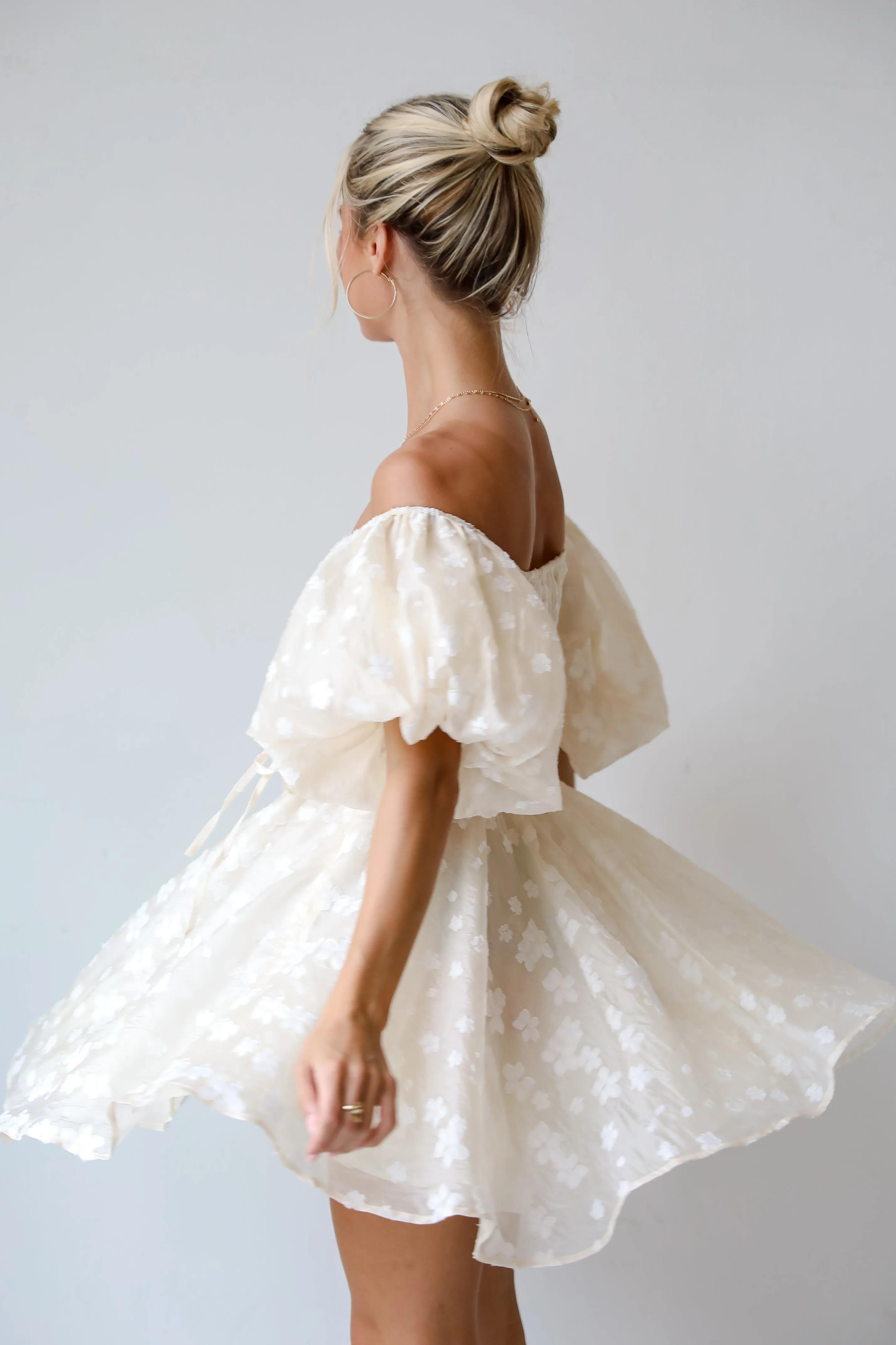 FINAL SALE - Garden Radiance Ivory Floral Puff Sleeve Mini Dress