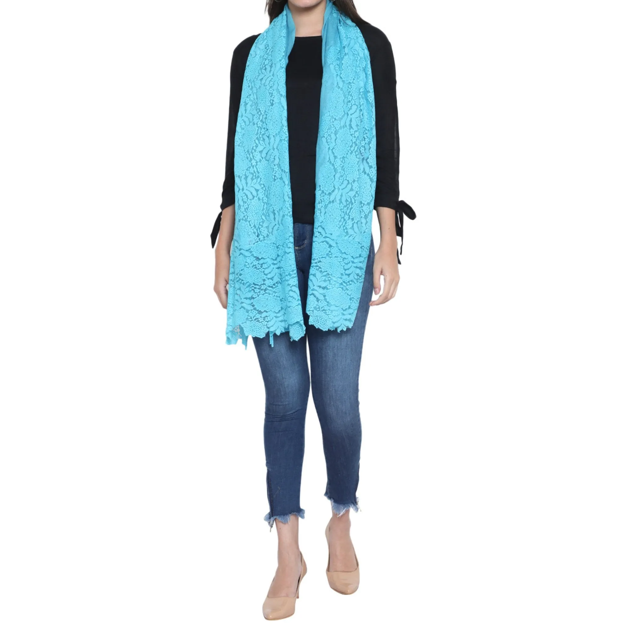 Handmade Cashmere Pashmina Eye Design Lace Stole Scarf Shawl Wrap in Blue