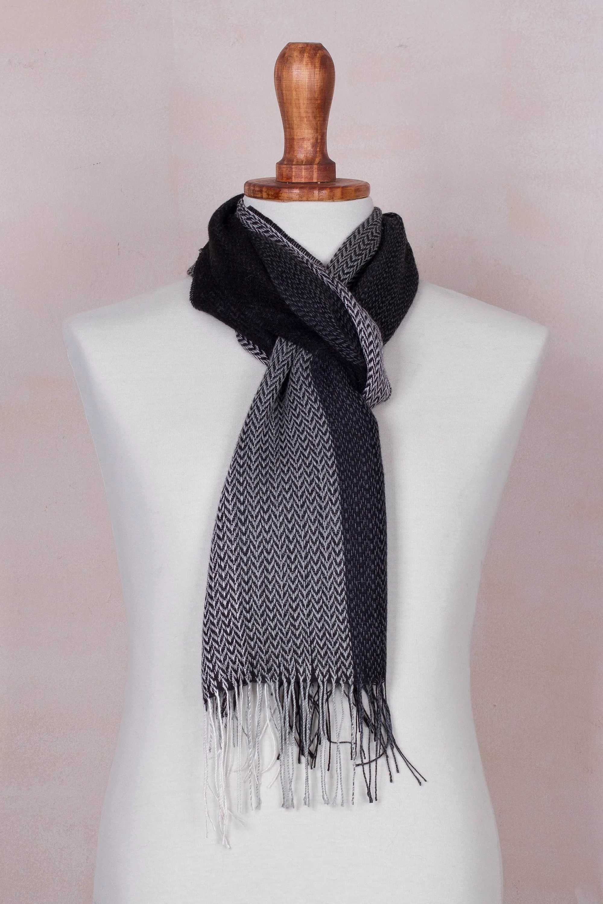 Handwoven Black and Grey Baby Alpaca Blend Scarf from Peru - Emboldened | NOVICA