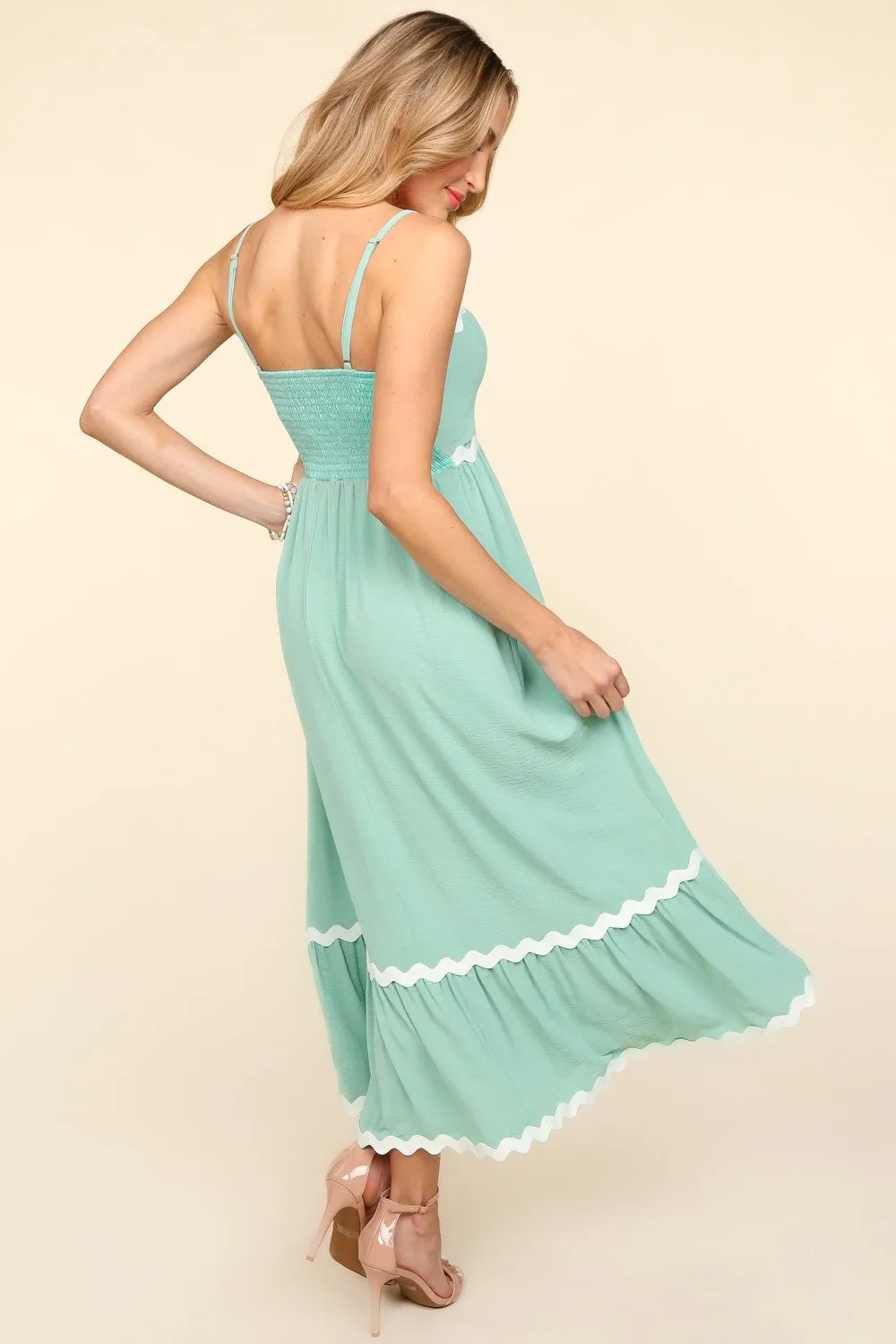 Haptics Solid Color Maxi Dress with Contrasting Ric Rac Trim in Sage