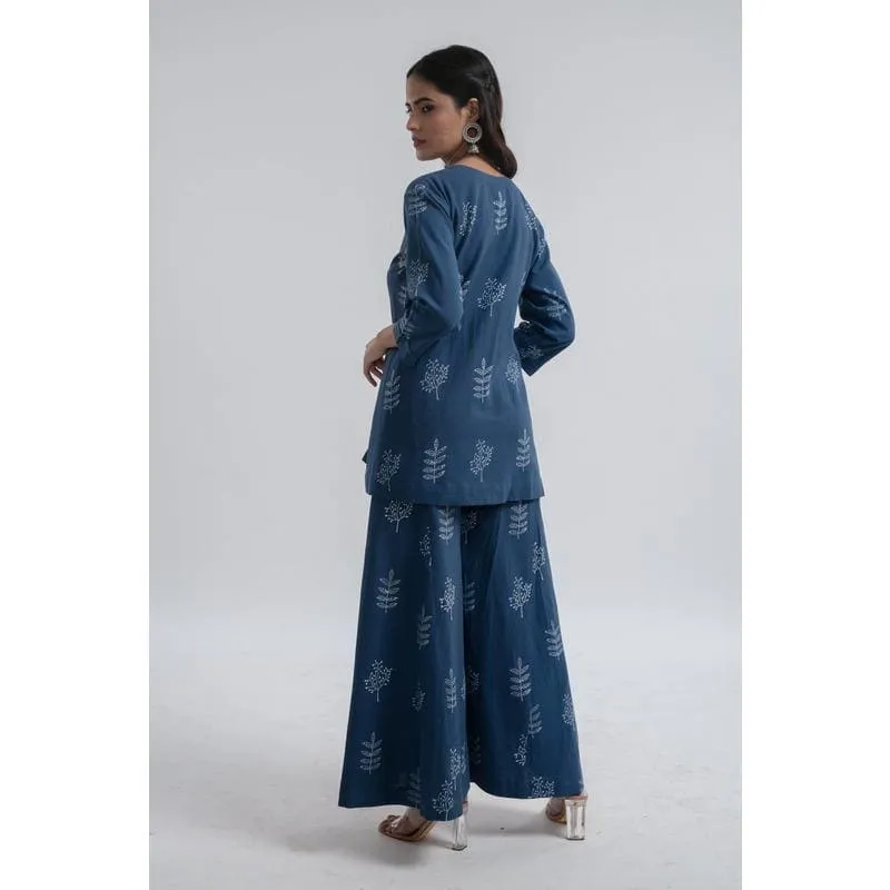 Indigo Block Print Cotton Top & Plazzo