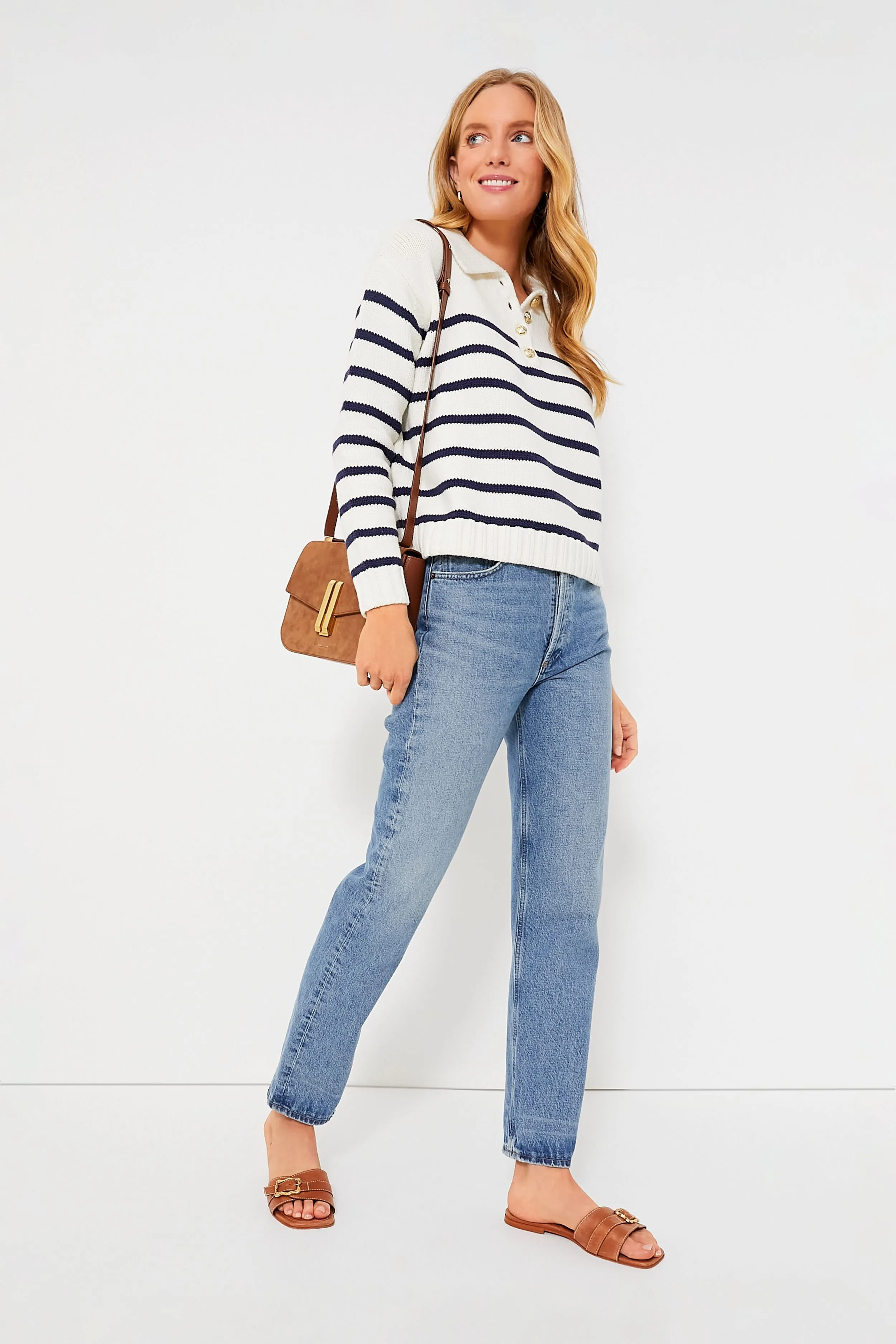 Ivory and Navy Striped Emilie Polo Sweater