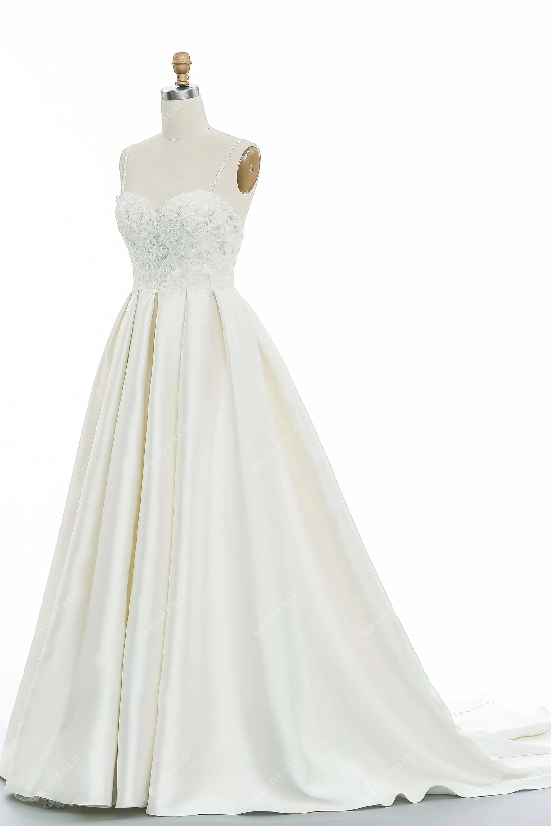 Ivory Spaghetti Straps Beaded Lace Timeless Long Train Wedding Dress