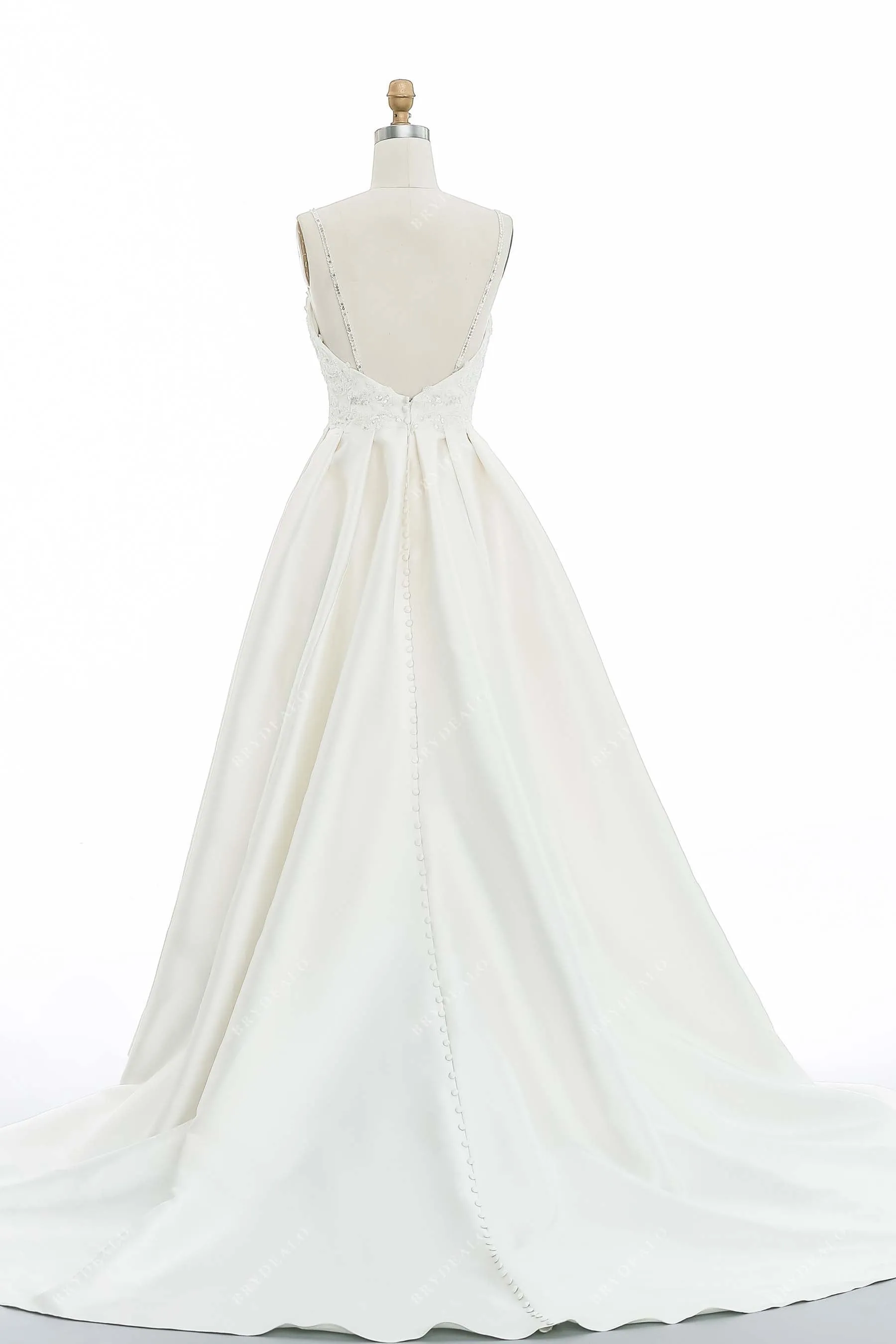 Ivory Spaghetti Straps Beaded Lace Timeless Long Train Wedding Dress