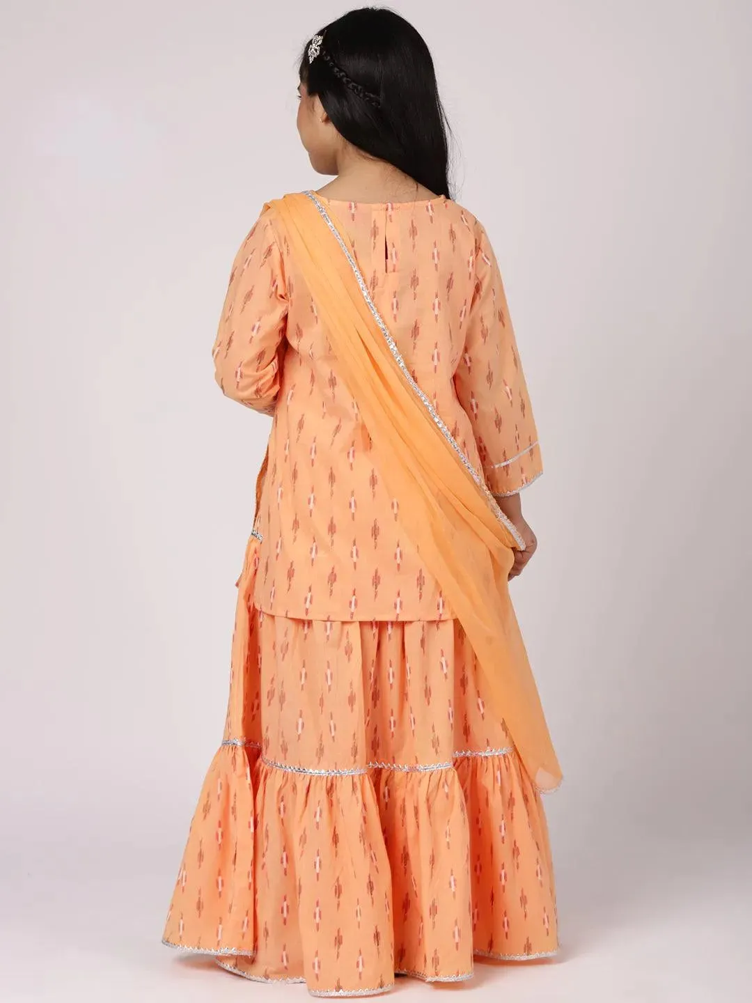 Kids Peach Printed Cotton Straight Kurta With Skirt & Dupatta