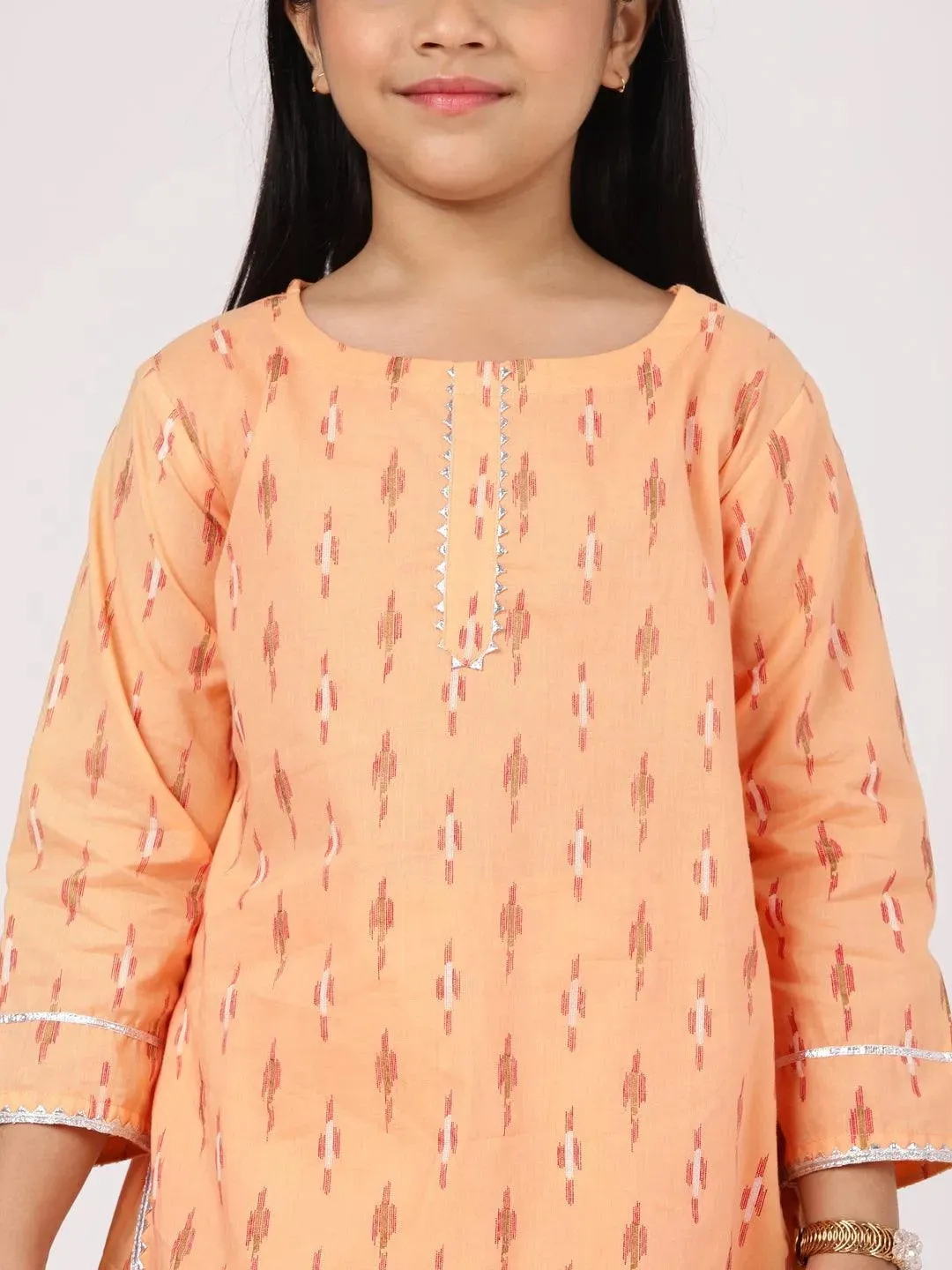 Kids Peach Printed Cotton Straight Kurta With Skirt & Dupatta