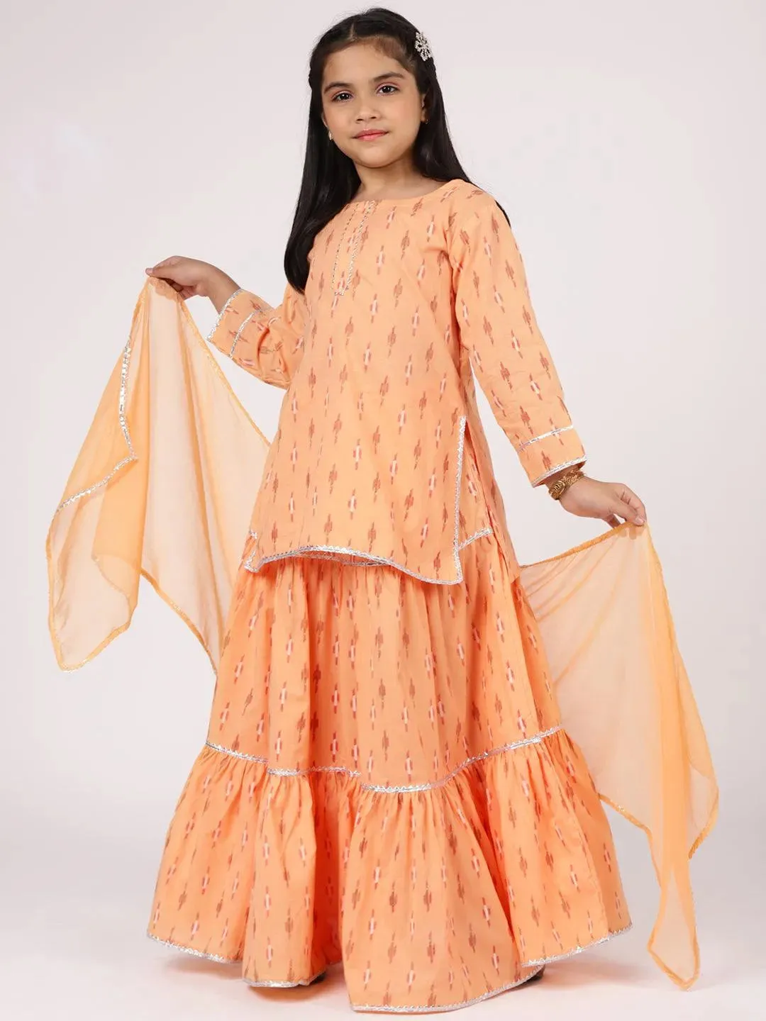 Kids Peach Printed Cotton Straight Kurta With Skirt & Dupatta