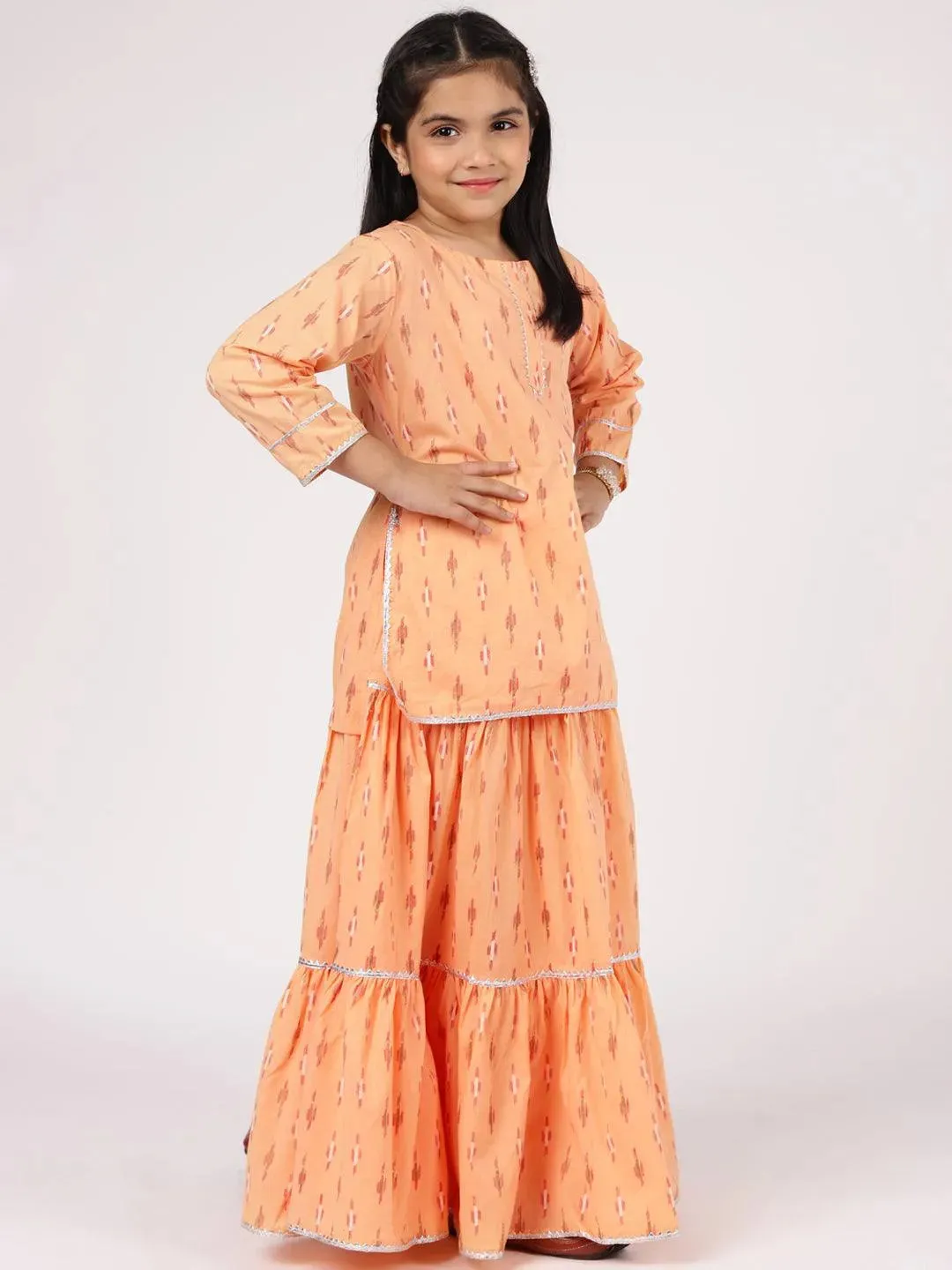 Kids Peach Printed Cotton Straight Kurta With Skirt & Dupatta