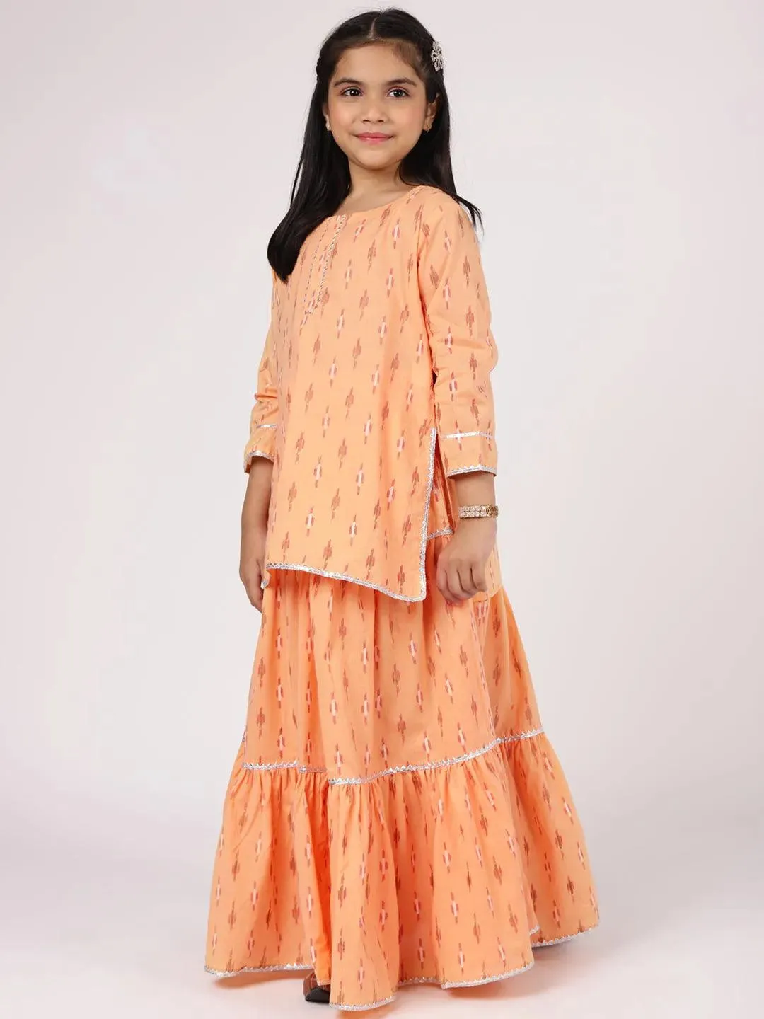 Kids Peach Printed Cotton Straight Kurta With Skirt & Dupatta