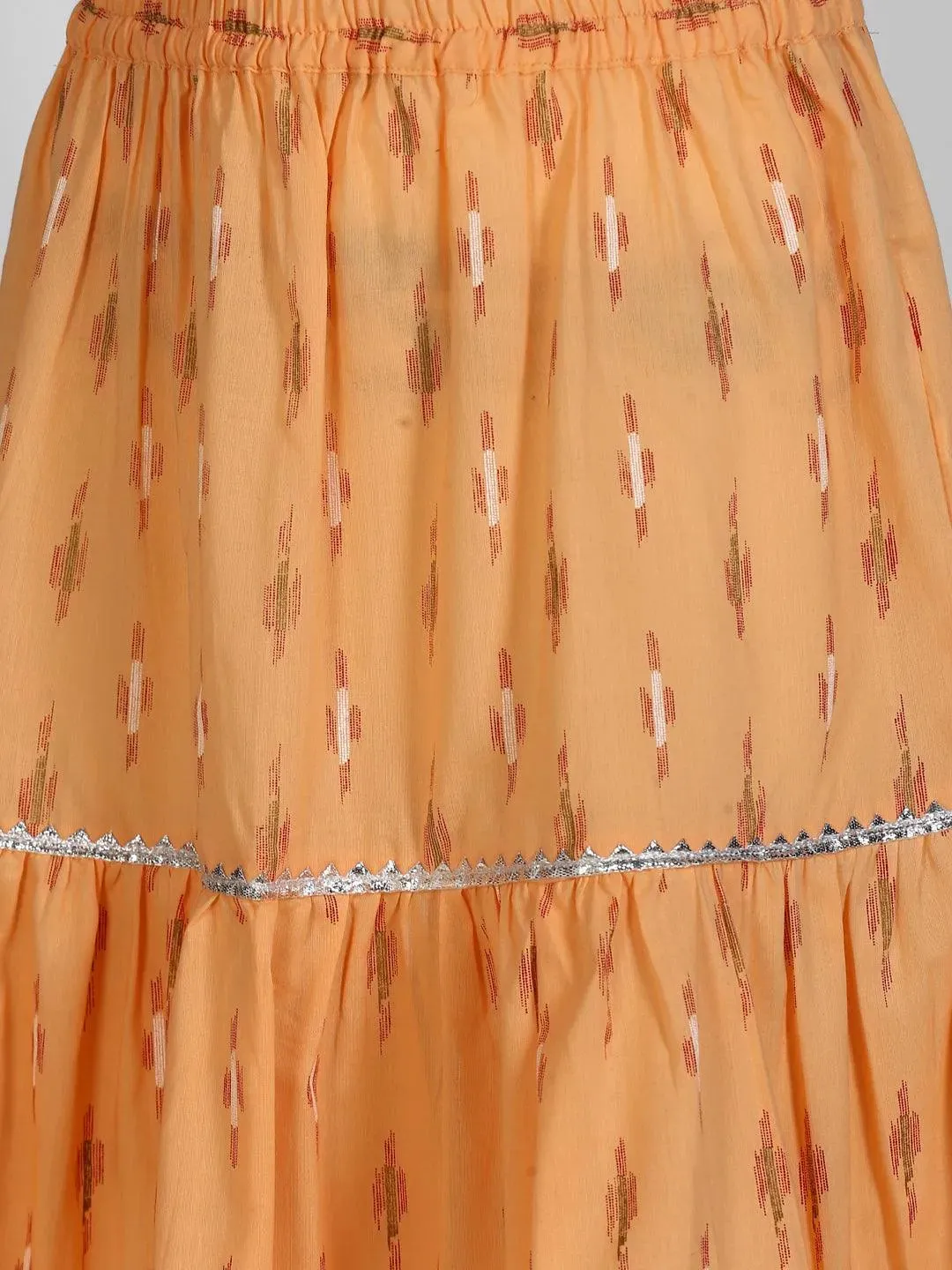 Kids Peach Printed Cotton Straight Kurta With Skirt & Dupatta