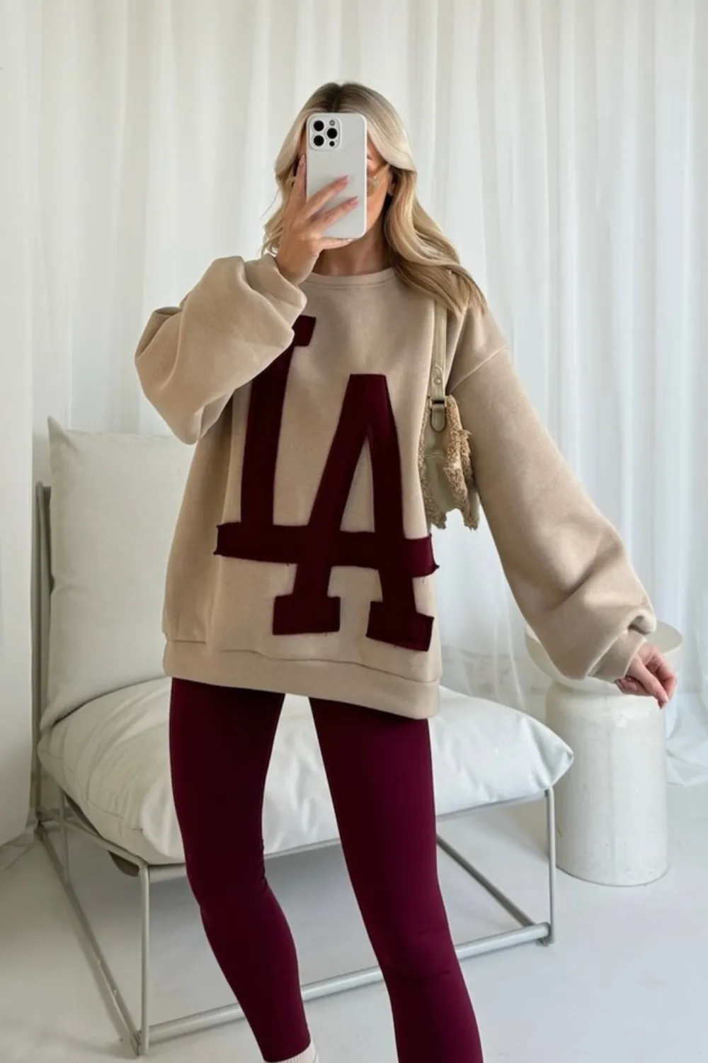 LA beige and burgundy sweater