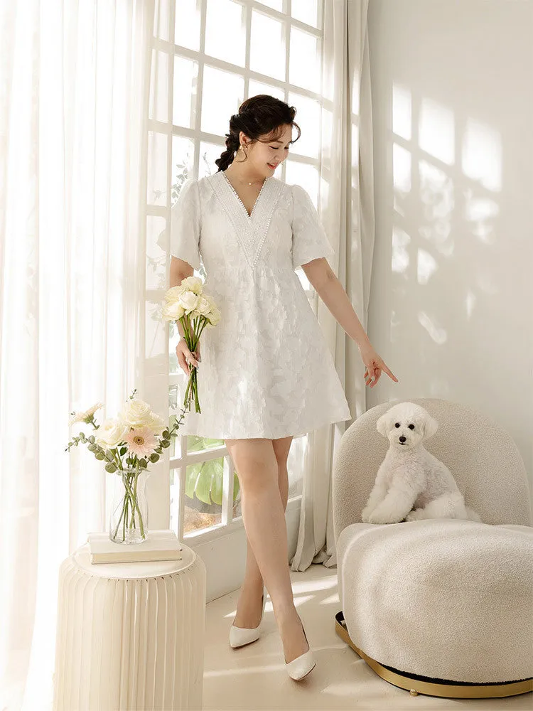 Ob Design Women Wedding Party V-Neck Lace A-Line Babydoll Mini Dress Plus Size