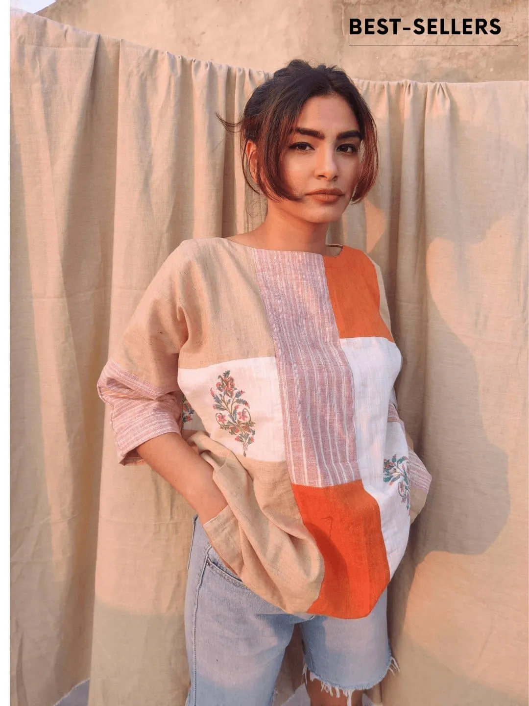 Orange "Puzzled" Neck Cotton Top