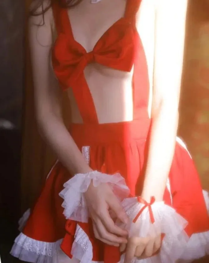 Red Sexy Maid Apron Uniform Ribbon Bra Temptation