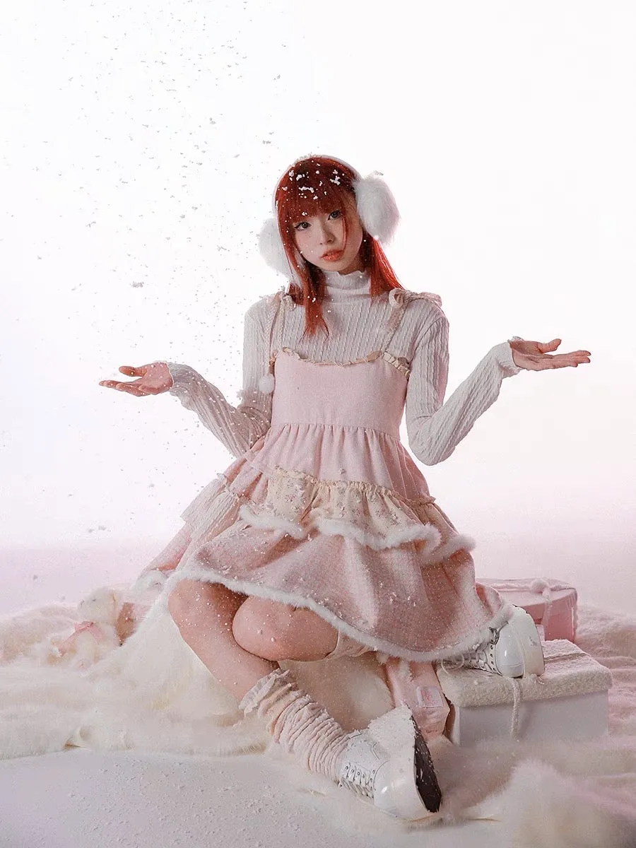 [Rose Island]Pink Bunny Fluffy Strappy Dress