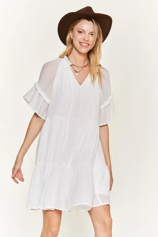 Ruffled Neck Tiered Mini Dress - Black, White