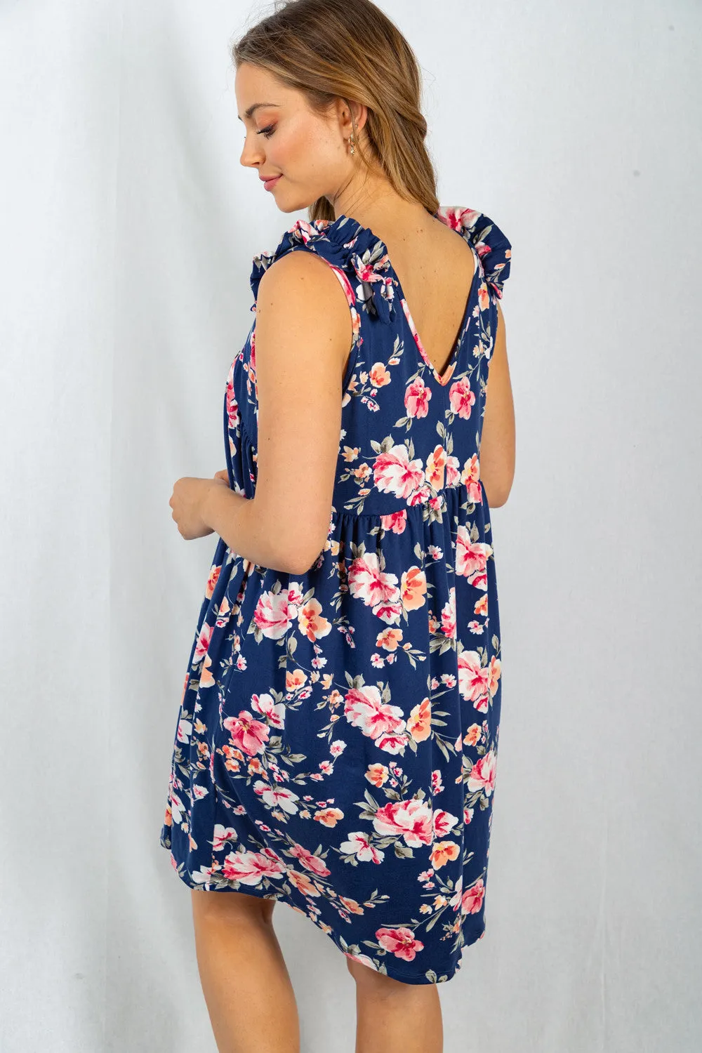 Sleeveless Floral Babydoll Knit Dress in Navy