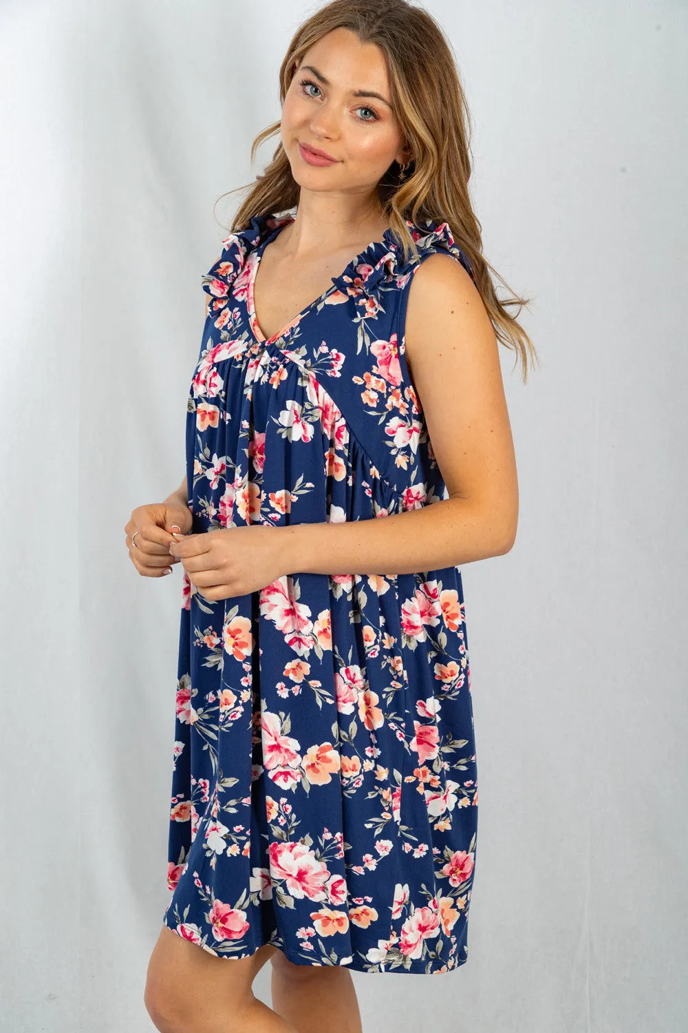 Sleeveless Floral Babydoll Knit Dress in Navy