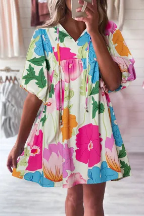 White Floral Print Split Neck Babydoll Dress