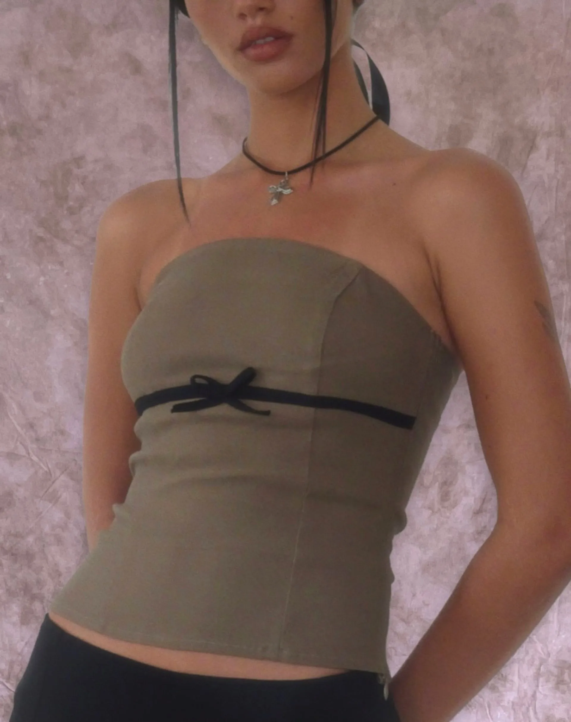 Woyla Bandeau Top in Coco with Black Bow